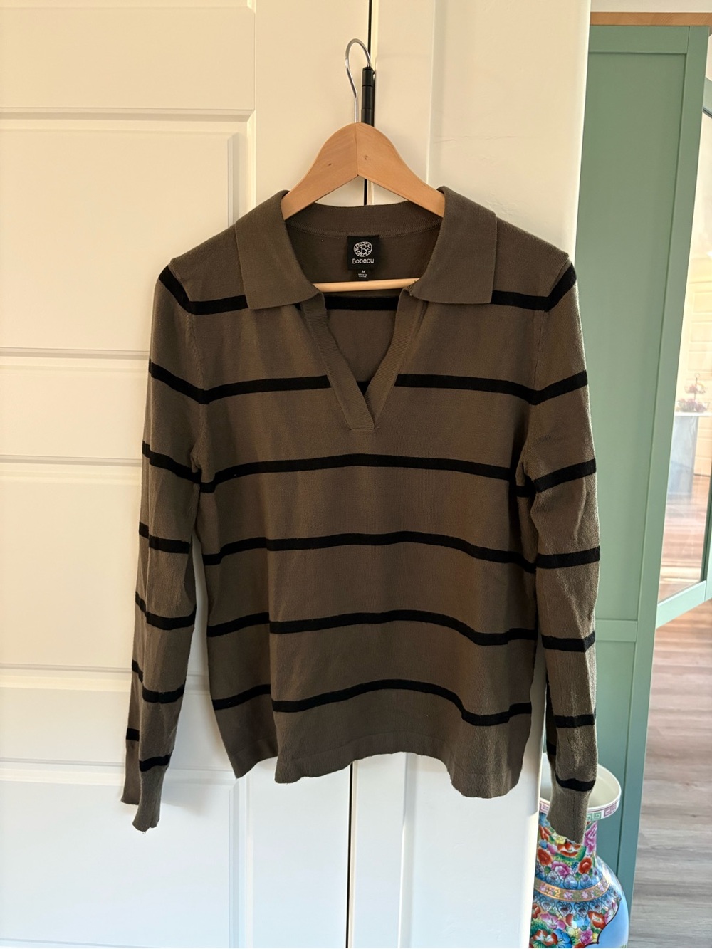 bobeau Eclectic Grandpa Pretty Olive Green and Black Striped V-Neck Polo Sweater